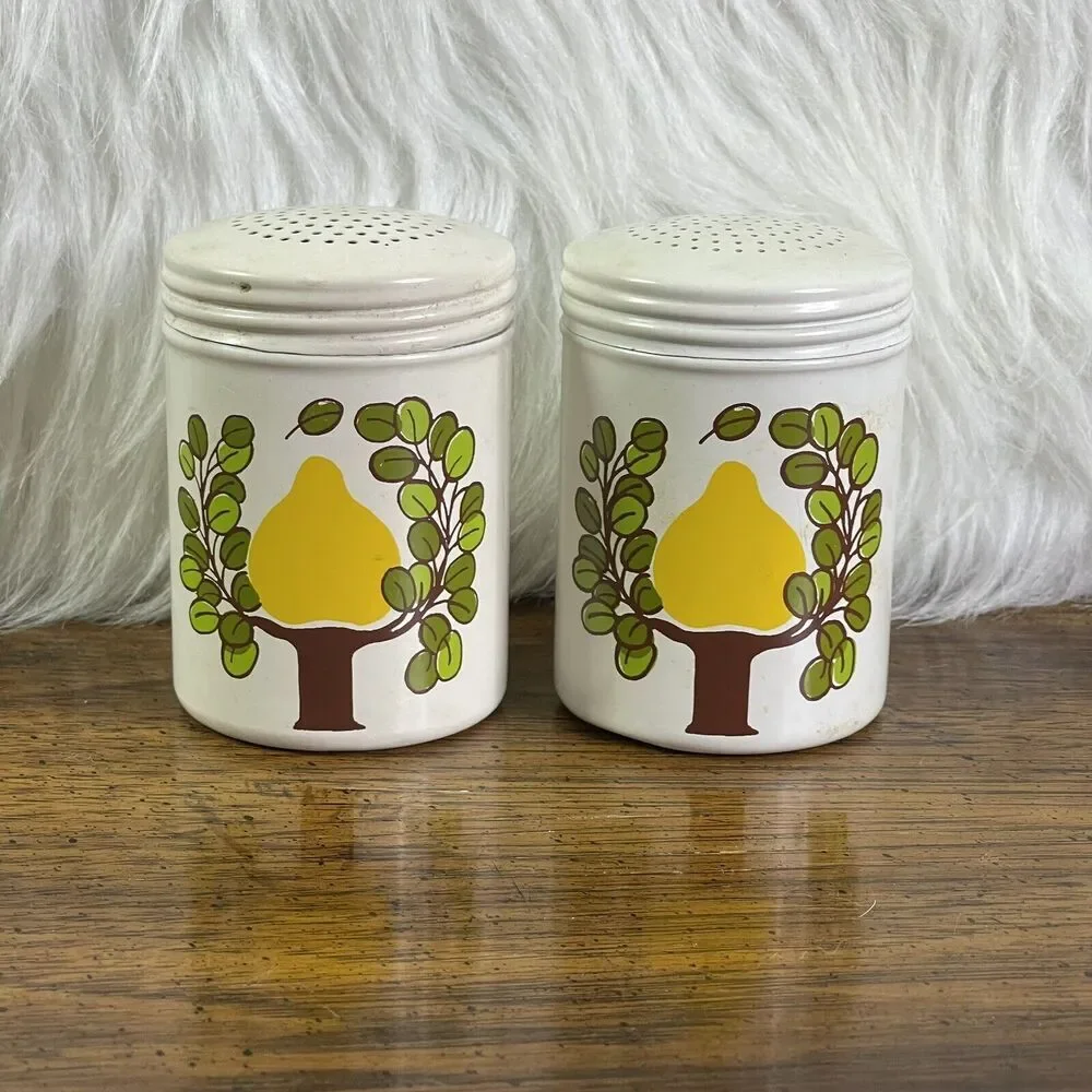 Ransburg Fruit Tree Metal Power Salt &‎ Pepper Shaker Rare Retro Farmhouse READ